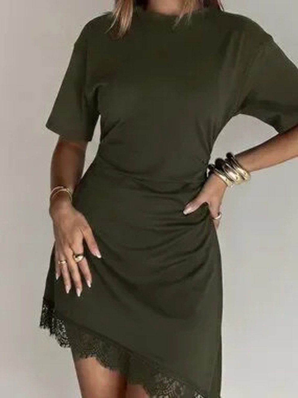 Army Green Casual Women's Elegant Round Neck Mini Dress